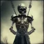 Placeholder: skeleton warrior holding a sword in his hands, steam punk, realistic, made in octane, cinematic, ultra-realistic, extremely detailed octane rendering, 8K, VRAY Super Real ar 2:3, dof photorealistic futuristic 50mm lens hard lighting dark gray tintype photograph, realistic lighting, sepia color