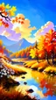 Placeholder: view of autumn mountain landscape at the golden hour with clouds at the sky on a river with autumn branch ,leaves and white flowers on the side ,oil paint style