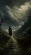 Placeholder: A dear standing in a narrow stone path above the ground gradually getting higher into the clouds no railings, dangerous drop people in black leathers medievil period weather is wet spiraling into the clouds fantasy, a pretty girl walking on the trail