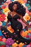 Placeholder: A sassy thick-lined oil painting style cartoon black female lounging lazily on her side, surrounded by colorful large flower petals. her curvy body silhouette a black maxi dress. Looking up coyly, she grins widely, showing teeth. Her poofy hair forms a mane framing her confident, regal expression.