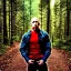 Placeholder: Georges st pierre with a red plaid shirt a jean and a military backpack in a creepy forest with a gun in the hands