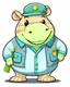 Placeholder: baby hippo as tourist guide wearing tourist guide uniform, cartoon style, safari background, colorful, high quality, high details