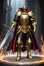 Placeholder: photorealistic holy knight paladin in darkly gold armor and a cape wielding a greatsword in abyss