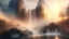 Placeholder: Photoreal Forgotten Realms waterfall scene at golden hour with mystical fog from the heavens