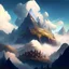 Placeholder: illustration of a giant mountain in a fantasy landscape with a village up in the clouds