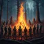 Placeholder: close up one large bonfire with its flames rising high in a clearing, around the bonfire many anthropomorphic wolves watching the flames. rain, cold deep colors, around them in the background dark trees with huge trunks, rainy day, high contrast, high detail, atmospheric, dark fantasy, sci-fi atmosphere, cinematic