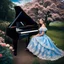 Placeholder: fullbody girl makeup wearing a victorian dress playing a grand piano in country side ,flowers ,pretty clouds in blue sky