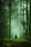 Placeholder: A lonely wizard in a dark cloak, using magic, green magic, woods, forest background, dark scene, dramatic lighting