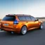 Placeholder: award winning car and driver photograph of a futuristic station wagon mech hybrid designed by only one vehicle per image painted metallic orange traveling at a high rate of speed, jet intake off of front center of vehicle and jet exhaust out the rear with bright blue flame, bilaterally symetrical, more a high speed road vehicle