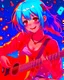 Placeholder: Art style Anime manga, Girl with blue hair playing a red magic guitar, several musical notes behind her, light red eye color, wears casual clothes but involves music, She smiles while playing with one of her eyes closed