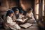 Placeholder: A close-up scene of an Arab mother reading the story from a book with her children around her in the room of the old wooden house near the fireplace 100 years ago.