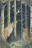 Placeholder: in the style of Henry Justice Ford, a drawing of a forest in which a fox meets an owl