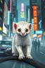 Placeholder: transparent furry sleek weasel with cute fur, in big cyberpunk city crossover, volume light and motion blur, airbrush and pen outline in background only