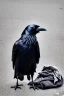 Placeholder: One single mature homeless crow with worn out clothes, sitting in a corner on the street, guitar standing on the left side, Vienna, mourning, perfect iris, model style, hyper realistic, extremely accurate, delicate, extremely detailed, Graphic novel style, wide-angle, open aperture, superfine pencil