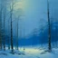 Placeholder: A light blue winter forest with falling snowflakes painted by Birge Harrison