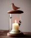 Placeholder: wooden bird in a bell jar, symmetrical, frosted glass, candle lighting