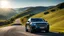 Placeholder: black Cross between black bentley bentayga and Range rover, on a road of green hills in morning, clear blue sky, shining sun rear view