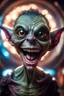 Placeholder: portrait through dirty warped lens of ultimate transcendent happy chat gremlin vampire alien frown with spotlights and huge tounge sticking head out of a portal, in front of space portal dimensional glittering device, bokeh like f/0.8, tilt-shift lens 8k, high detail, smooth render, down-light, unreal engine, prize winning