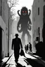 Placeholder: a man walks a sidewalk with a monster as his shadow