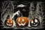 Placeholder: Spooky stencil ghosts exiting a very large jack-o-lantern's mouth. Cartoon style art.