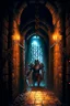 Placeholder: A frightening castle dungeon hallway with an evil knight warrior in rusty chainmail homding an iron chain painterly rpg art