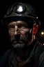 Placeholder: coal miner portrait for icon or logo. A little tired, A little dirty. He keeps a vertical hack besides his right shoulder. He wears а headpiece with a headlight