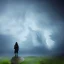 Placeholder: A princess standing. Epic scale. Heavy cold rain. Thunderstorm. An engineer looking up. Futuristic scenary. Gray mist.