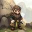 Placeholder: Male Fantasy RPG character, chaabi kawaii Mario proportions, lord of the rings inspiration, Vandyke beard, with a ribbon of tickets held out in front, bounding out from behind a large rock, 3/4 view, isometric game