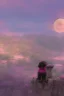 Placeholder: Snoop dogg sitting on a chair. pink houses, pink sky, pink smoke, moon, trees