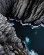 Placeholder: from the point of view of a rock climber, look down at the ocean rocks below as you climb high into the bluffs of ireland. holding on to the cliff face, the ocean below storms and swirls around a giant whirlpool