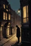 Placeholder: man in dark clothing, hiding around a corner while looking down on a brightly lit Victorian street