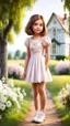 Placeholder: a 5 percent carton like child girl with realistic face and bob hair and makeup in pretty top and short tight and nice shoes,looking like a beautifull lady standing in country side next to country house with flowers,trees.