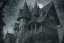 Placeholder: one Wednesday Adams, black and white, tall narrow scary house , pointy roof, cursed trees , dense dark forest, spiders, bats, bones, Escher style