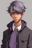 Placeholder: Light brown skin, red eyes, straight short purple-grey hair, black clothes, round face, teenager