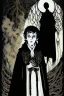 Placeholder: 7 year old boy, necromancer, friendly, looks dead, surrounded by weird smoke with eyes, wearing black robes, in the style of Harry Clarke
