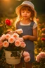 Placeholder: A little girl from Russia at the age of 7 years holds a lot of roses and puts them on her face, and she wears a white Bucket Hat, she puts the roses in front of her face, so her face does not appear, so her face does not appear,(Many Flowers: 1.2), Soft Light, Golden Hour, Upper Body, HDR, 8k, Natural Skin Texture, AO, Intricate, Highly Detailed, Sharp Focus, Crazy Detail, Intricate Detail, Highly Detailed ,The girl looked down