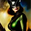 Placeholder: portrait oil on canvas, beautiful busty Catwoman,green eyes, ,minimal armor,comic book cover, mystical colors,insanely detailed,realistic,intrincate detail, 16k resolution, masterpiece,Frank Frazetta,Alex Horley, Simon Bisley