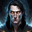 Placeholder: Generate a dungeons and dragons character portrait of the face of a male fallen aasimar. He is a Celestial warlock with a black robe. Pale skinned and pale eyes. Long sleek black hair with white streaks in the hair.