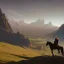 Placeholder:  mountains with medieval knight traveling on a horse in the background