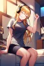 Placeholder: girl, masterpiece, best quality, volumetric lighting, detailed outfit, perfect eyes, golden hair, long hair, closed eyes, headphones on head, listening to music, smile, sitting, indoors, god rays, casual clothes,