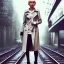 Placeholder: A beautiful slender well dressed young Russian transgender woman with short blonde hair and a black trench coat, waiting for a man at night at a train station in London