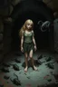 Placeholder: Pretty blonde girl, locked in a dark and dirty dungeon, with rats and malevolent entities, trapped with shackles and with her dirty clothes, barefoot, scared