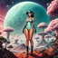 Placeholder: slim Sci-fi pin-up girl on an alien planet of cloud trees