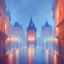 Placeholder: Prague castle at rainy night. Blue and red color tones. Concept art style.