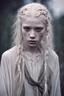 Placeholder: Emotive photographic image - stunningly beautiful, 15 year old albino girl chechen facial features anorexic. sickly, pale skin. blotches on skin. wild, very long, floor length, wavy wispy ghostly white hair in messy braids. ghostly white eyebrows and ghostly white eyelashes. lovely face, sculpted cheeks. beautiful, succulent, pale lips. barefooted. cinematic dynamic masterpiece, hyper realistic film still, beautifully detailed, soft lighting, ethereal, sparkle, beautifully lit, dramatic lighting