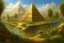 Placeholder: atlantis Egyptian pyramid of giza in the center of a lush garden surrounded by a band of water that flows in The four rivers of Eden, in the garden of eden, this garden is a magical oasis surrounded by a vast and golden desert, Hyper Detailed Face, Photorealistic, Intricately Detailed, Oil Painting, Heavy Strokes, By Jean Baptiste Monge, By Karol Bak, By Carne Griffiths, Masterpiece, Unreal Engine 3D; Symbolism, Colourful, Polished, Complex; UH