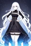 Placeholder: a captivating gothic anime girl, her ethereal beauty accentuated by porcelain skin and vibrant blue eyes. She stands firmly on a train track, legs wide apart, hands on hips, wearing a sleek black dress with lace details and a gun holstered on her thigh. Her flowing white hair billows in the wind as the smoky background portrays a chaotic scene of crumbling buildings and raging flames, emphasizing the imminent arrival of the train.