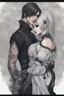 Placeholder: Close up of an Attractive goth man holding his goth girl, he is looking mysteriously at the camera with her back faced to the camera. Dark eyes, White hair, ,super realistic, smoky background