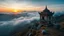 Placeholder: A quiet, ancient temple on a mountainside at sunrise, surrounded by clouds and overlooking a peaceful valley. Photographic quality and detail, award-winning image, beautiful composition.