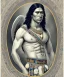 Placeholder: Athahualpa, native american warrior, long black hair, big muscles, pechera, big half circular from shoulder to chest fabric piece